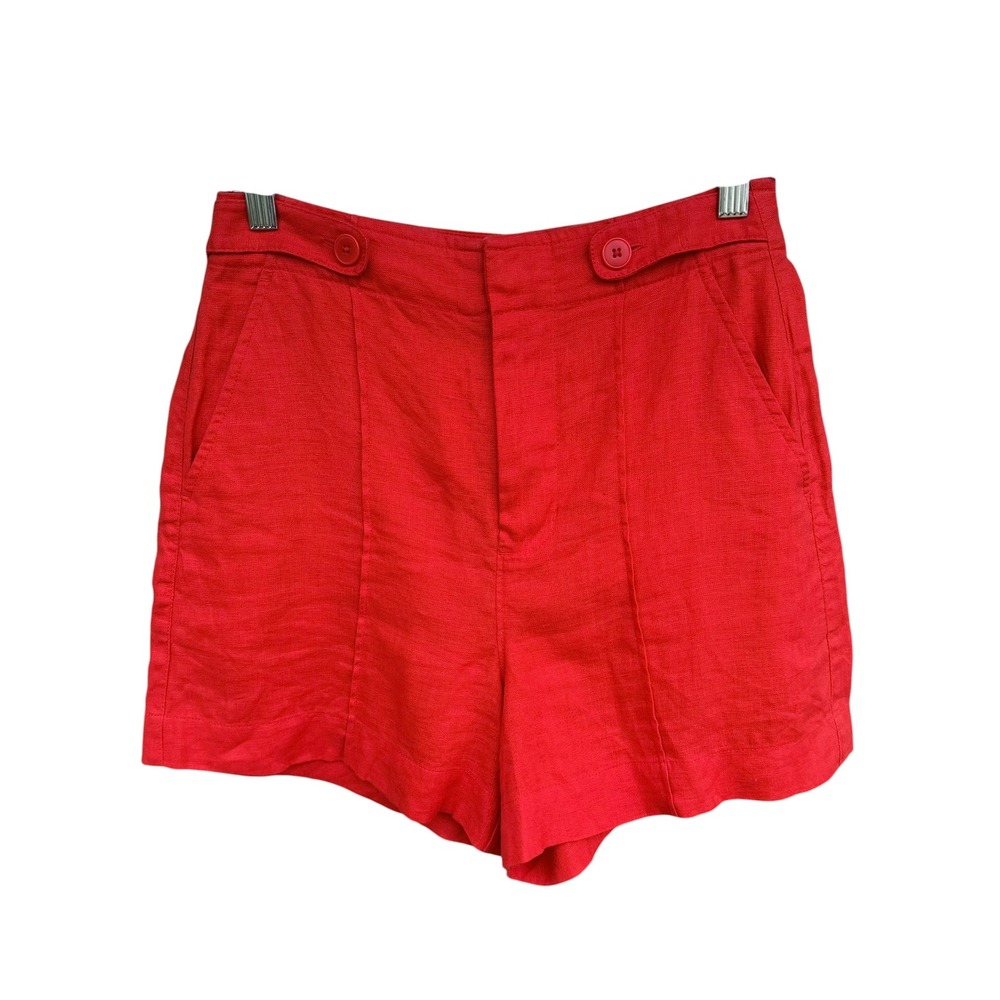 Madewell Clean Button Tab Shorts Rouge Red 100% Linen‎ High Rise Size 00